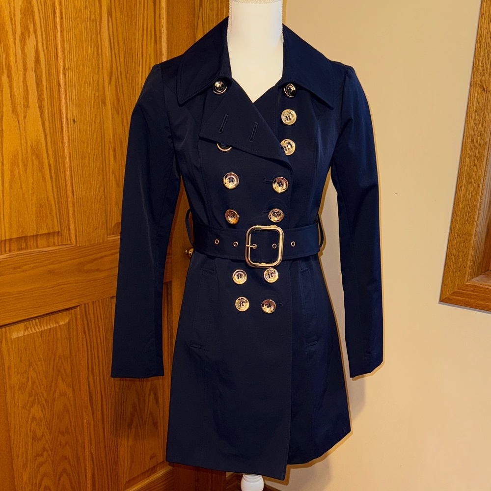 New York & Company Navy Trench Coat with Silver Accents